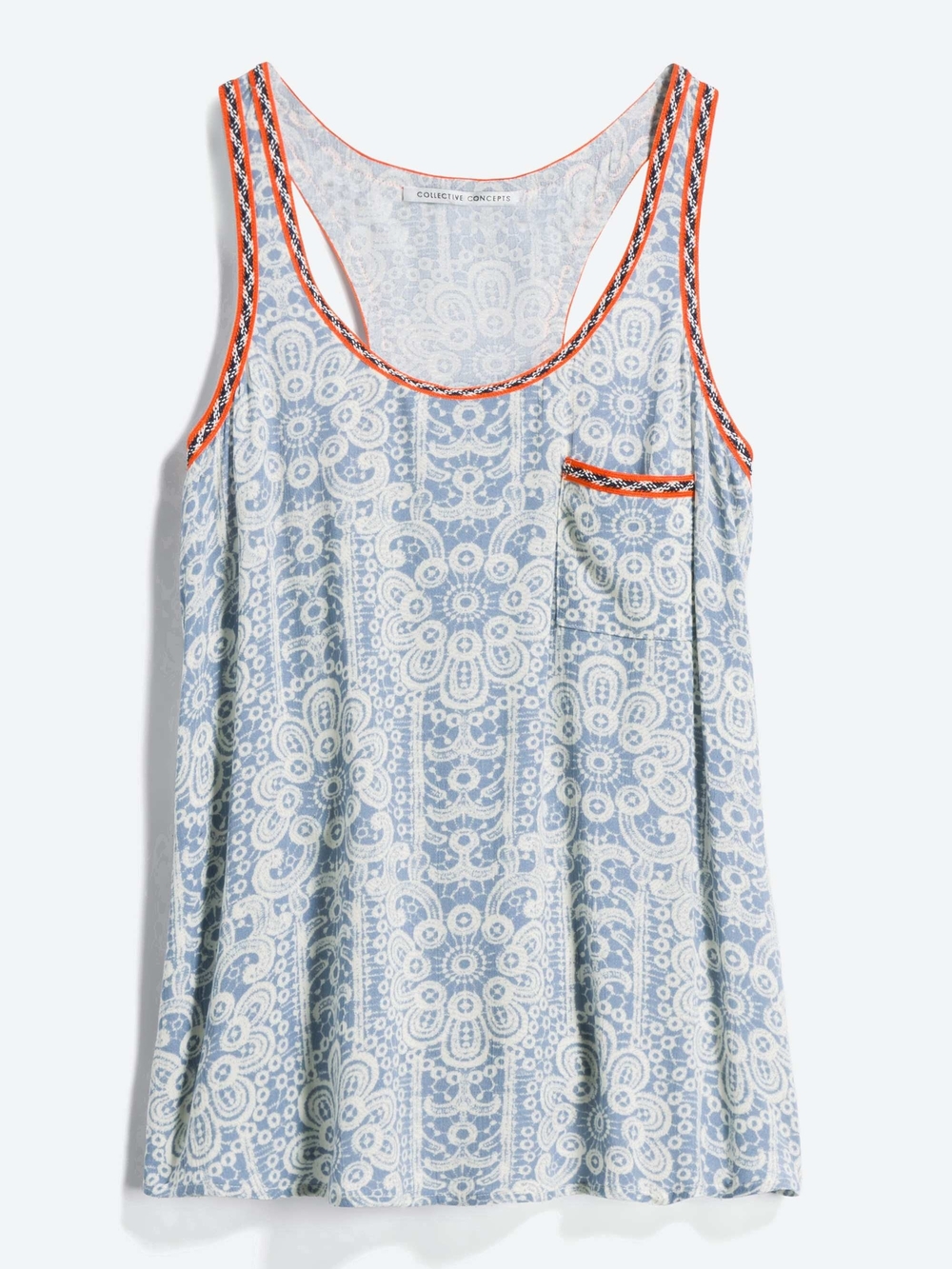 Collective Concepts Blue & White Lace-Print Tank with Coral Trim